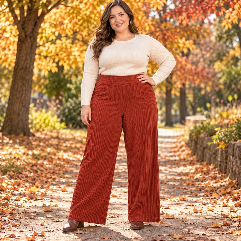 Rust Orange Ribbed Wide Leg Pants 3XL High Rise Pull On Boho Fall Textured Y2K